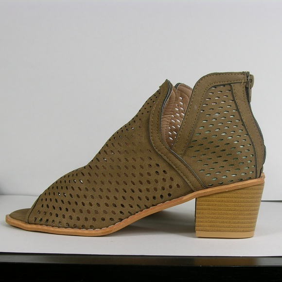LAST 1 Khaki Open Toe Laser Cut Vegan Suede Bootie - Picture 4 of 7